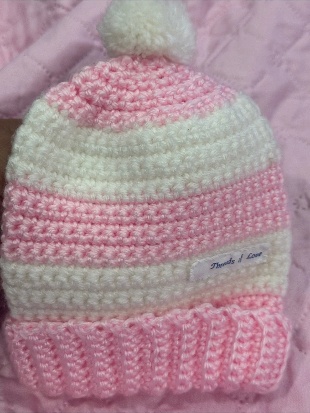 Pink & Cream Knit Pom Beanie for Kids